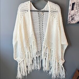 Denver Hayes Ivory Open Knit Fringe Poncho Sweater